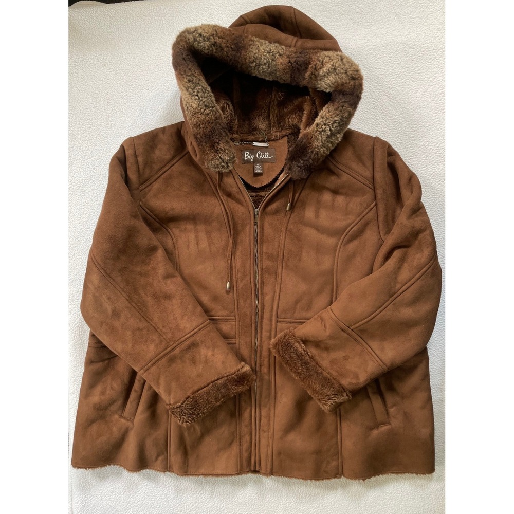 Big Chill Womens 4X Jacket Brown Faux Suede Fur Lined Hooded Full Zip Coat